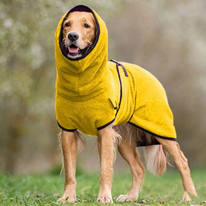 SnugPaws Winter Dog Coat on a golden retriever, featuring plush fleece lining and adjustable band for comfort.