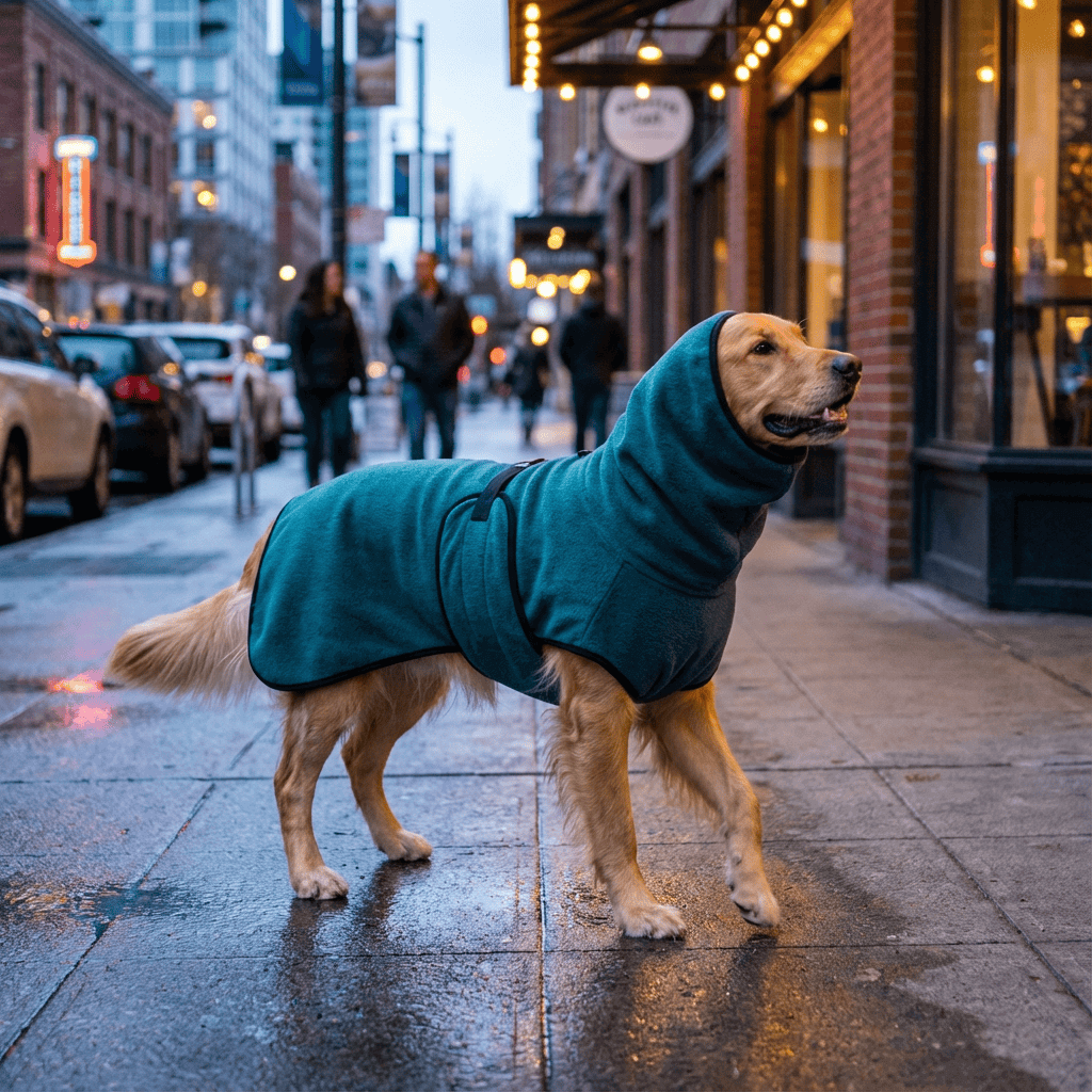 Golden retriever wearing SnugPaws Winter Dog Coat on city street, showcasing warmth and comfort for winter outings.
