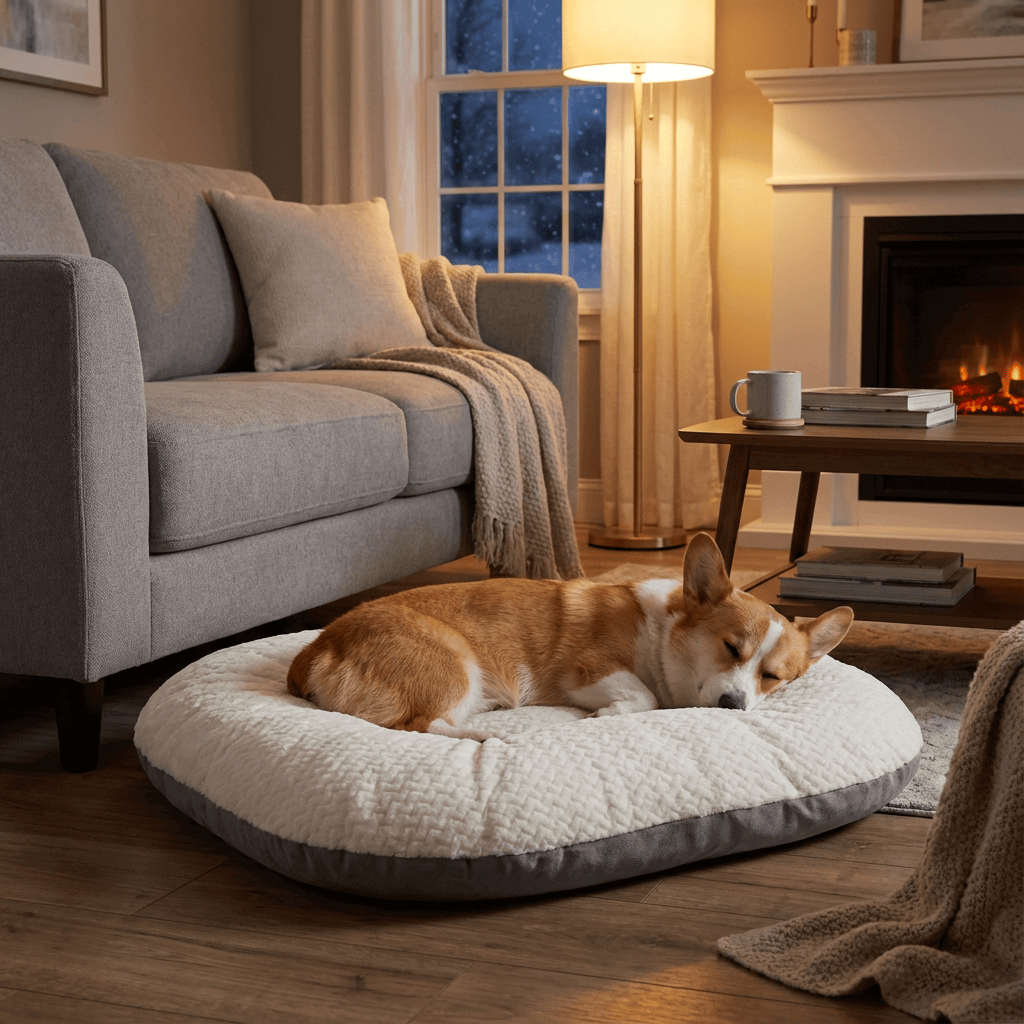 Soft Dog Bed Mat with plush cushion, ideal for dogs & cats, providing cozy comfort in a stylish living room setting.