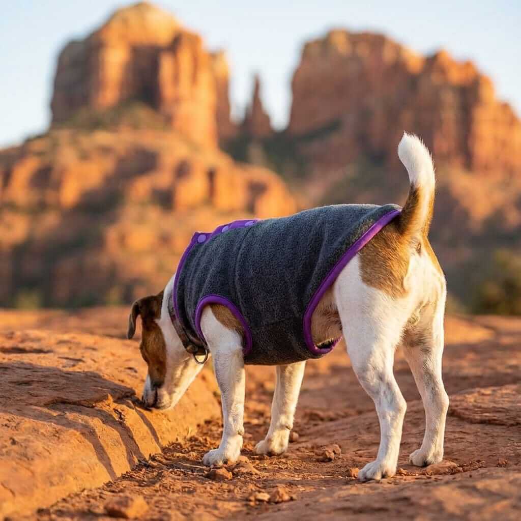 Soft Fleece Lightweight Dog Sweater on a dog exploring outdoors, featuring breathable and luxuriously soft materials.