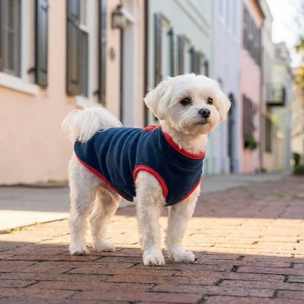 Soft Fleece Lightweight Dog Sweater on a small dog standing outdoors, showcasing its cozy and stylish design by Dogs & Cats.