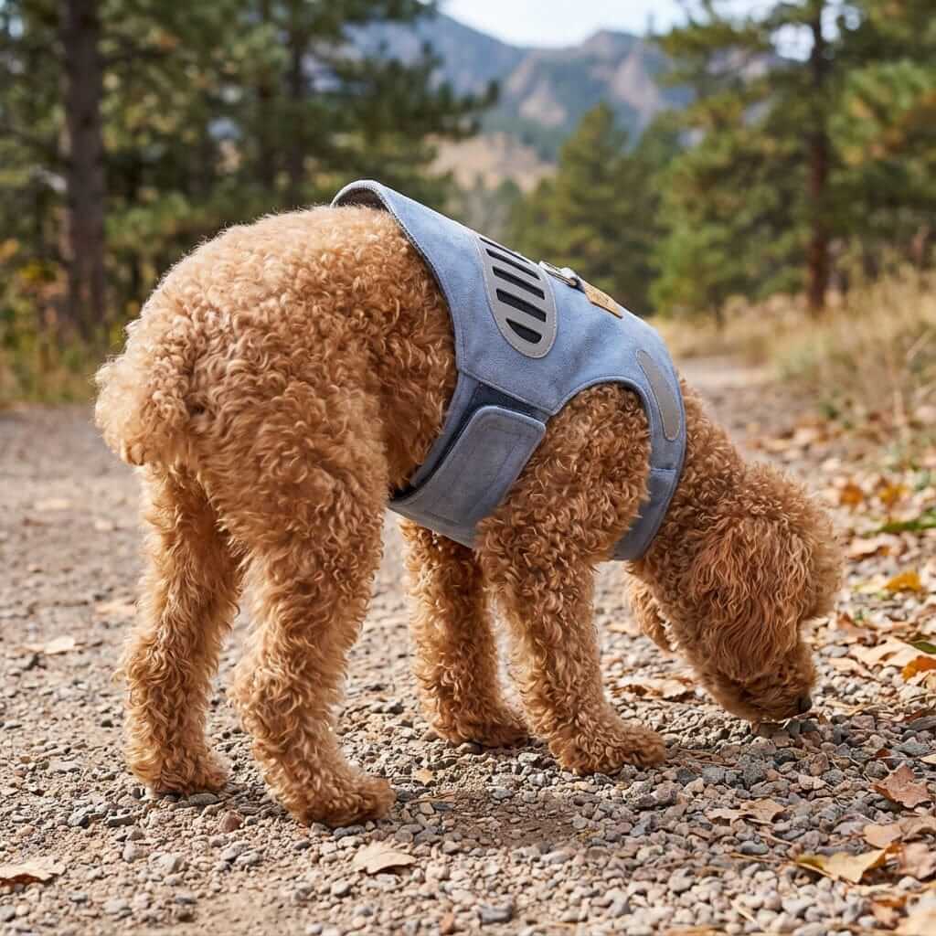 Dog wearing Soft Suede Harness Traction Rope while exploring outdoors in a natural setting.