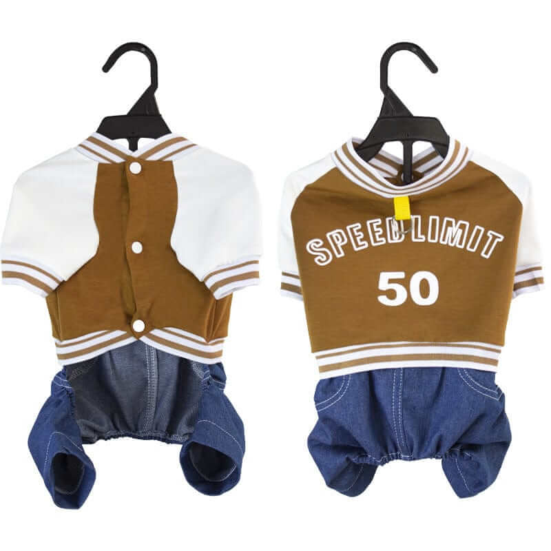 Speed Limit Pet Sports Jumpsuit for small dogs, stylish and functional, brown and denim design, ideal for active pets.
