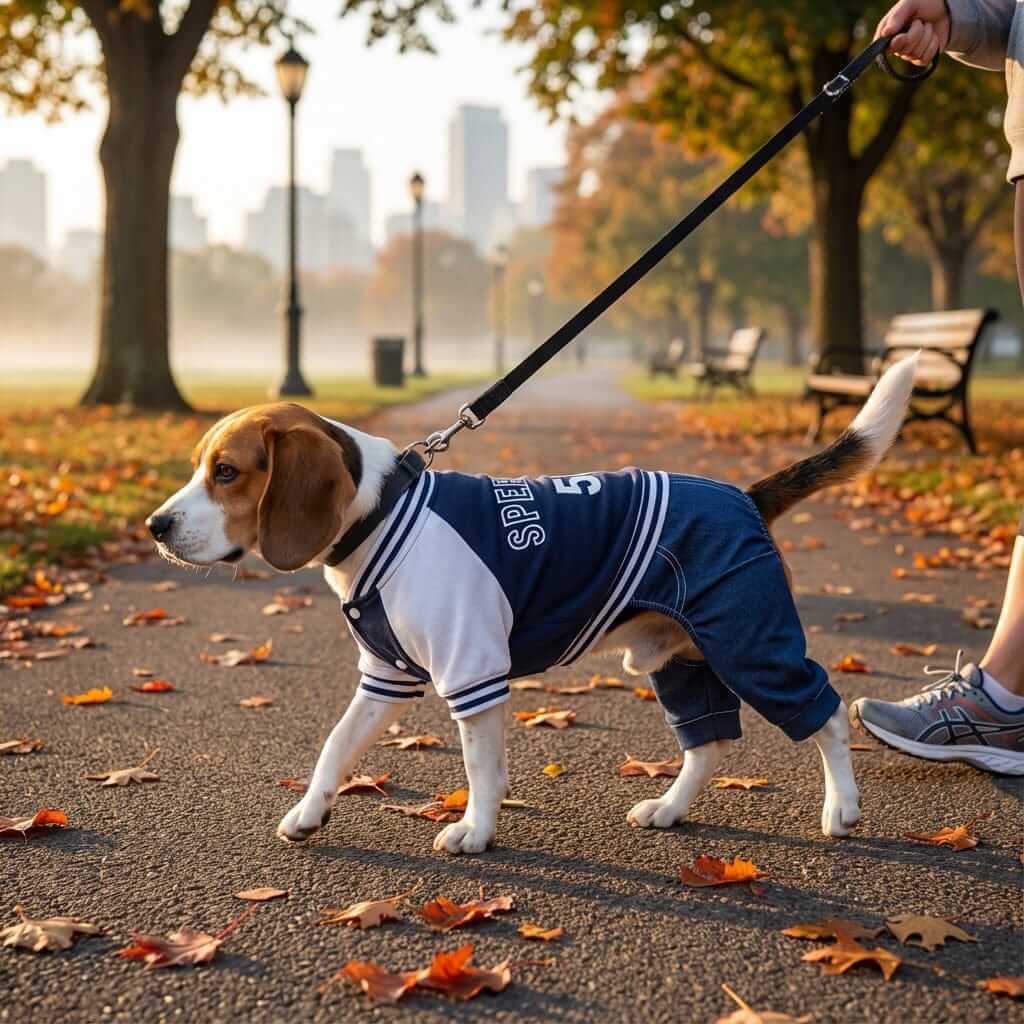 Speed Limit Pet Sports Jumpsuit on a dog walking in the park during autumn, showcasing style and comfort for dogs.