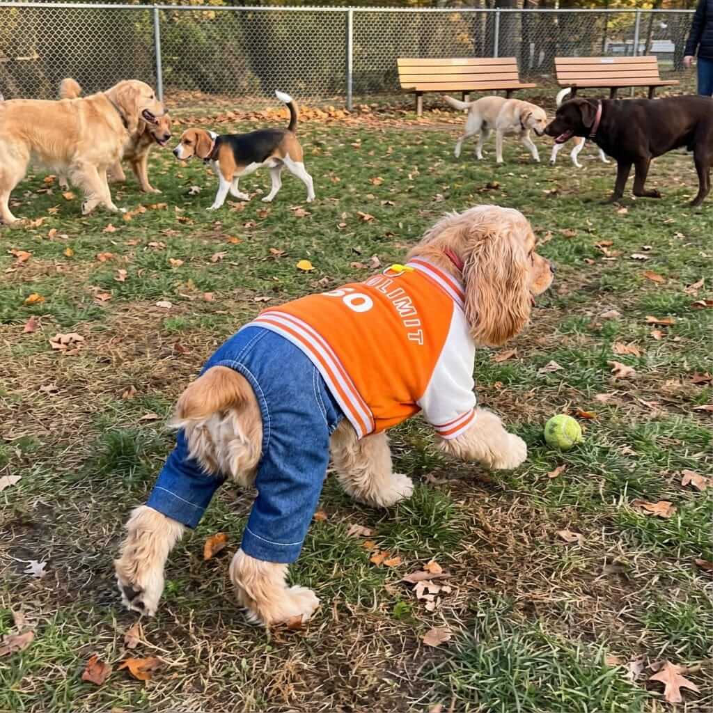 Small dog wearing Speed Limit Pet Sports Jumpsuit while playing in the park with other dogs.