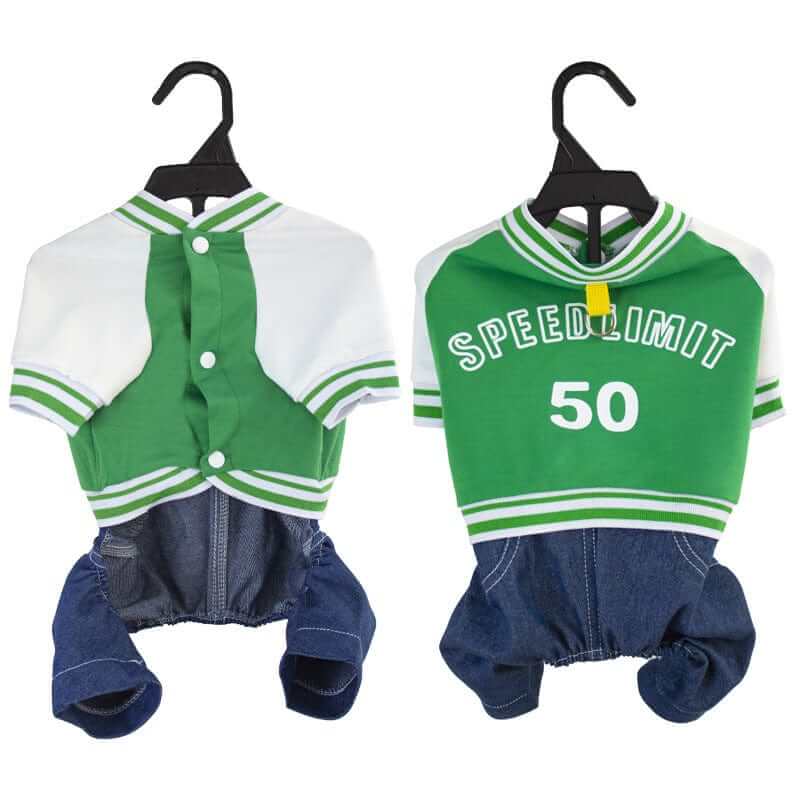 Speed Limit Pet Sports Jumpsuit for dogs, stylish design with traction features in green and blue.