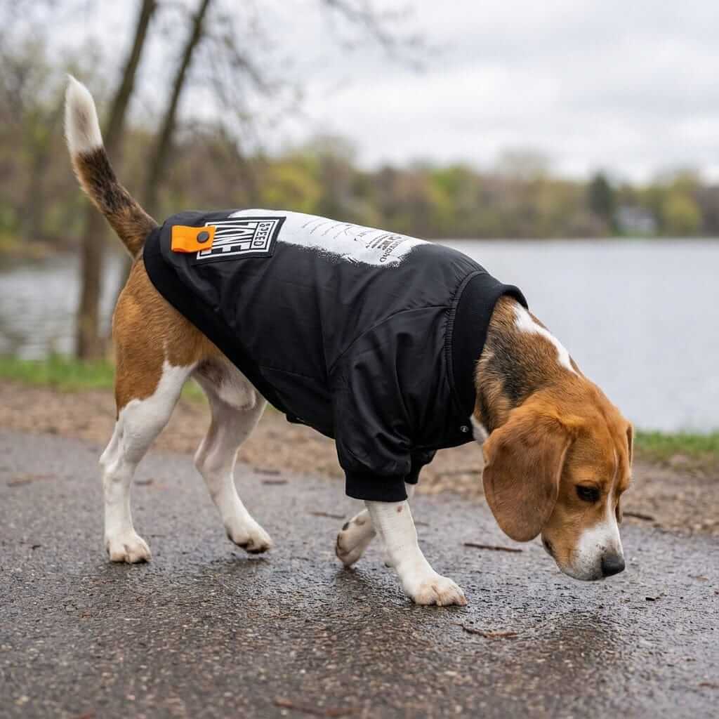 Speed Zone Dog Jacket on a Beagle walking by the water, showcasing its premium style and comfort for dogs.