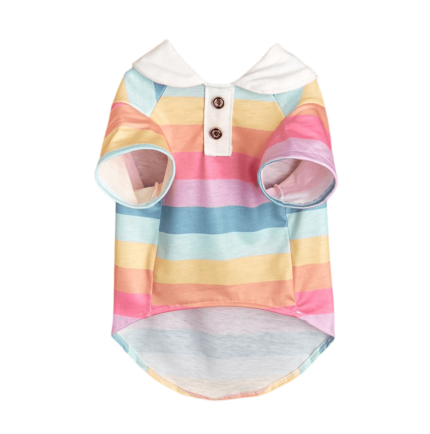 Sporty Stripe Pet Polo shirt with pastel stripes and white collar for stylish pets, perfect for small dogs and cats.