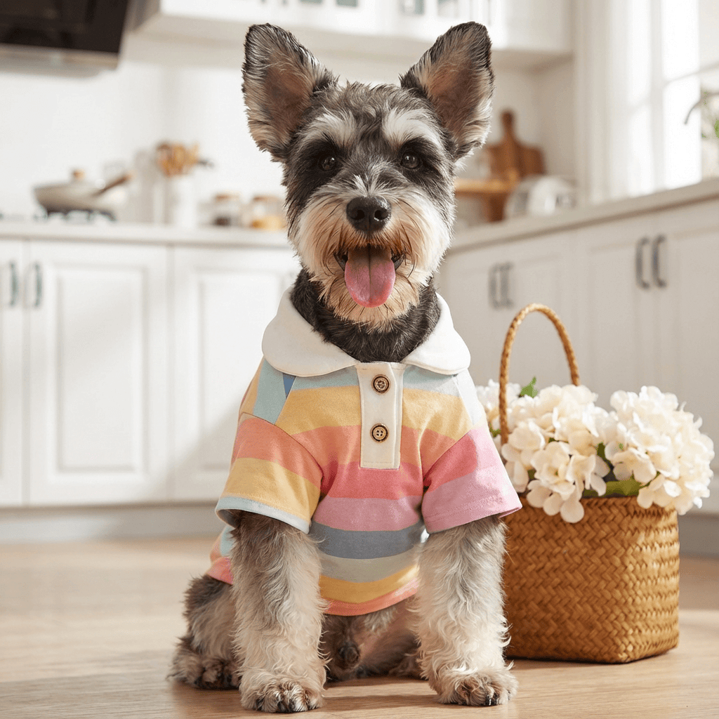 Sporty Stripe Pet Polo on a Schnauzer in a cozy kitchen, showcasing trendy stripes and comfortable design for pets.