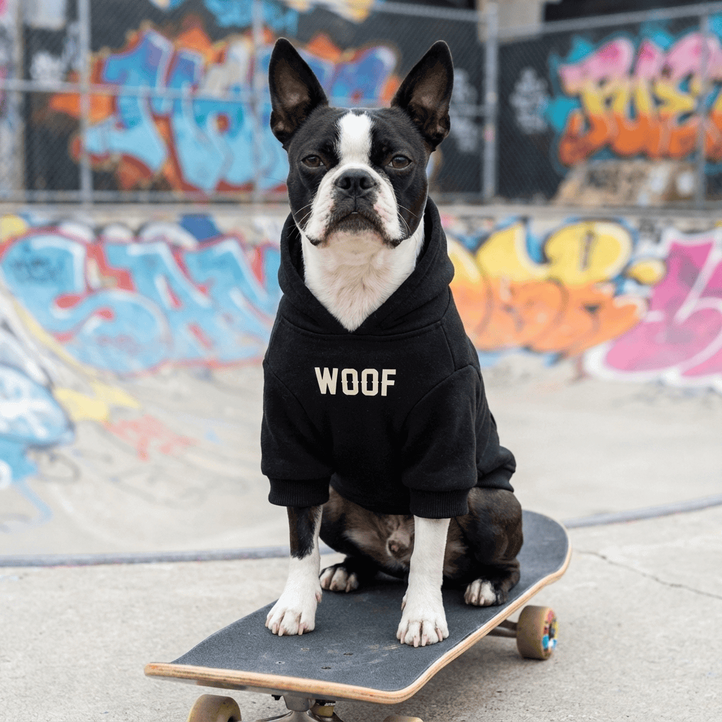 Sporty Winter Dog Hoodie on a Boston Terrier skateboarding, showcasing style, warmth, and playfulness in Dogs & Cats brand.