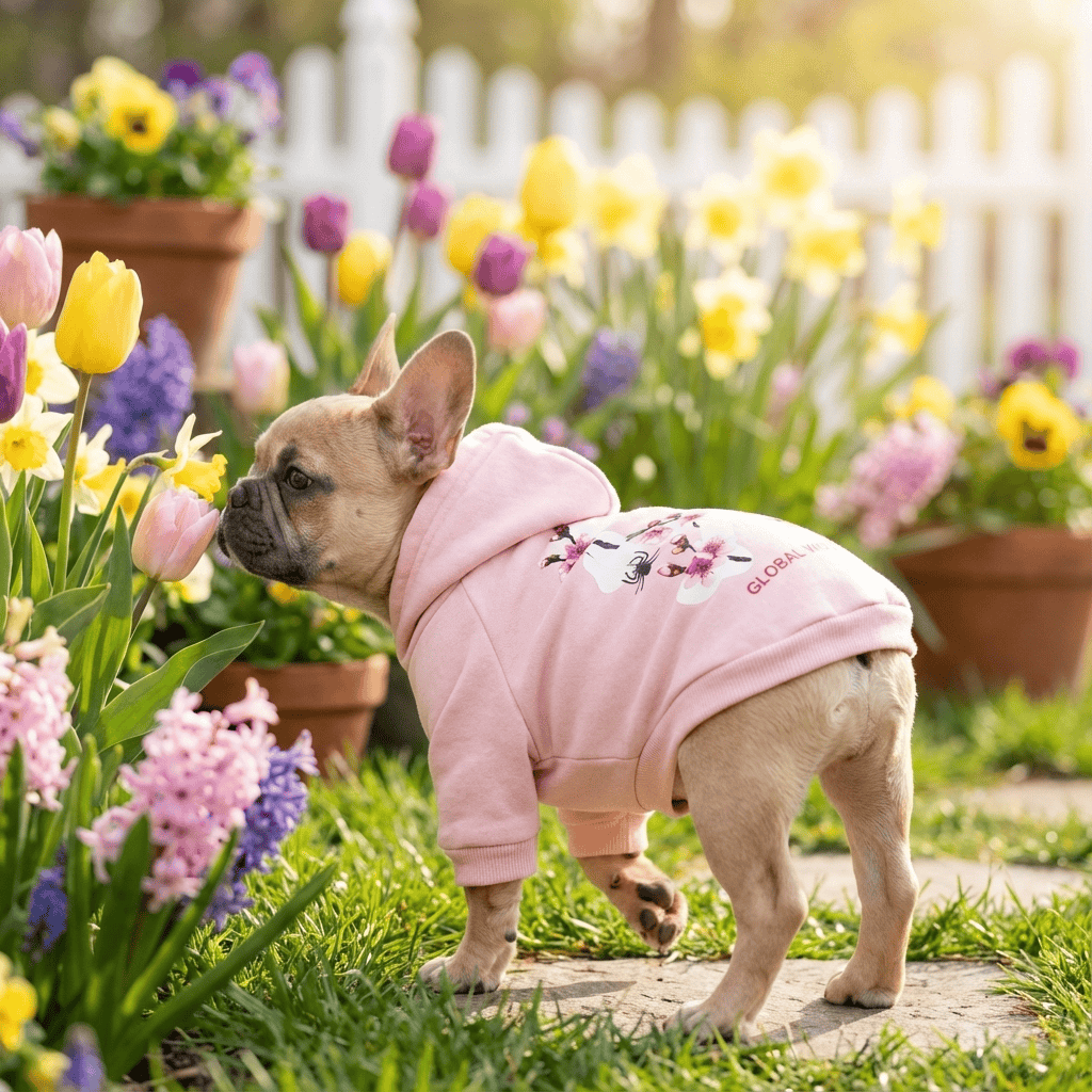 Sporty Winter Dog Hoodie on a French Bulldog among colorful flowers, showcasing warmth and style for dogs.