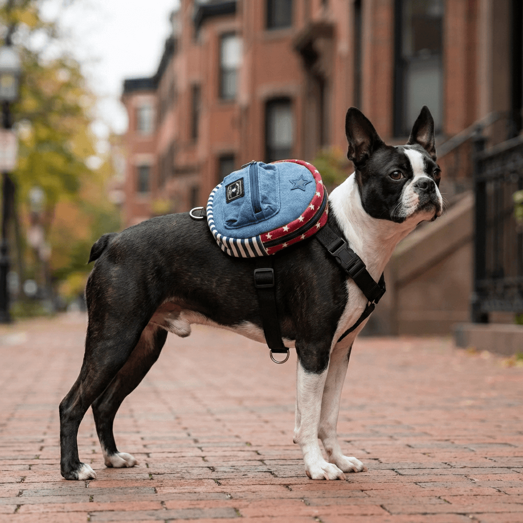 Star Denim Pet Schoolbag on a Boston Terrier, featuring adjustable straps and zip pocket for dog essentials.