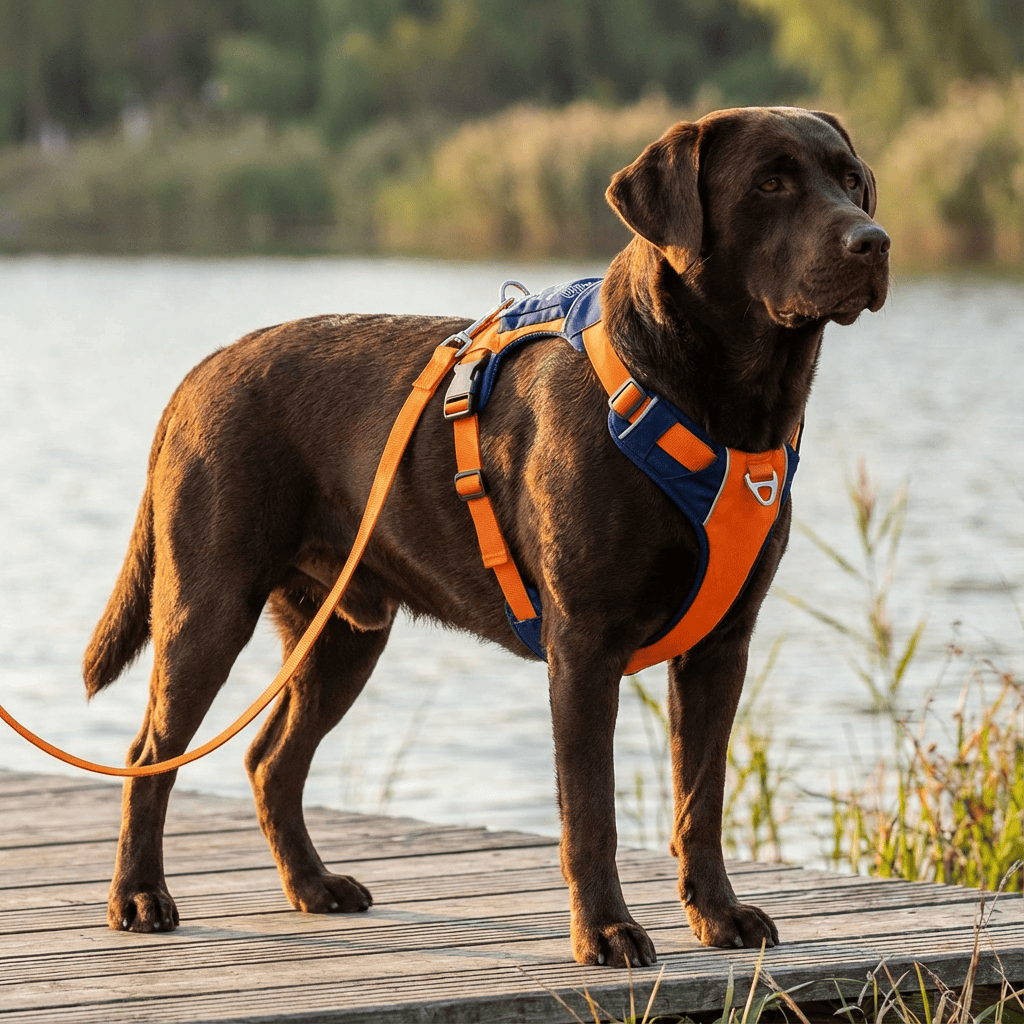 StayClose Dog Harness Vest on a brown dog, featuring anti-breakaway design for secure comfort during walks.
