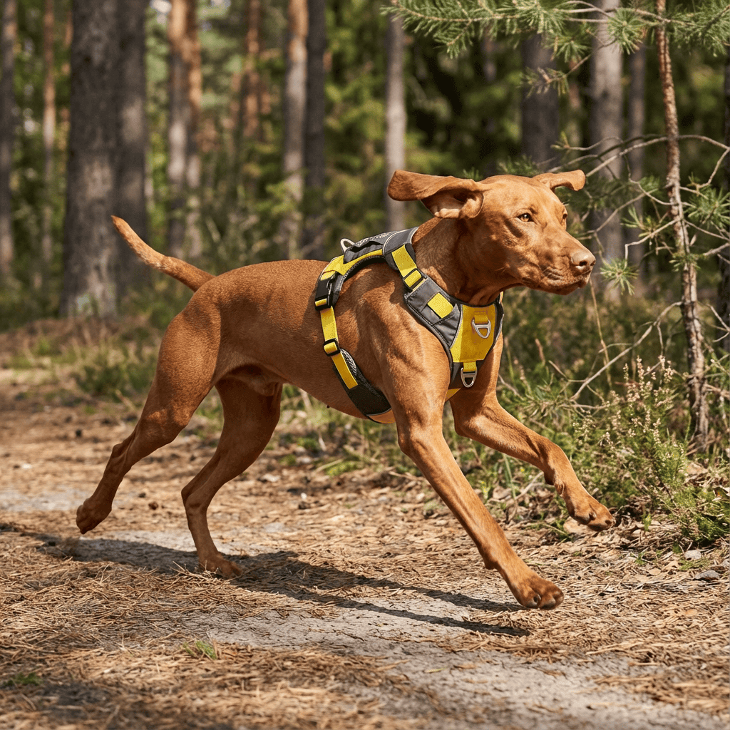 StayClose Dog Harness Vest on a running dog in a forest, providing secure comfort for all breeds.