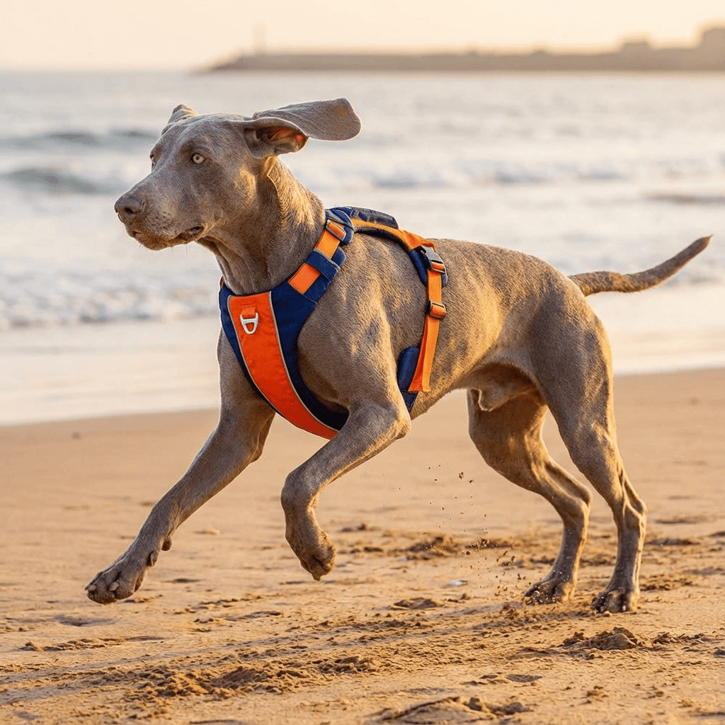 StayClose Dog Harness Vest on a grey dog running on the beach, showcasing comfort and anti-breakaway features.