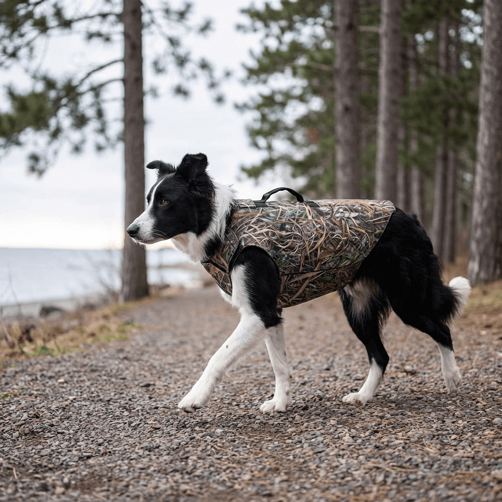 Stealth Neoprene Dog Chest Guard on a dog walking outdoors in a rugged environment, providing protection and comfort.