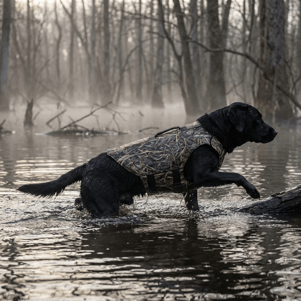 Stealth Neoprene Dog Chest Guard in action on a dog, providing rugged outdoor protection in water.
