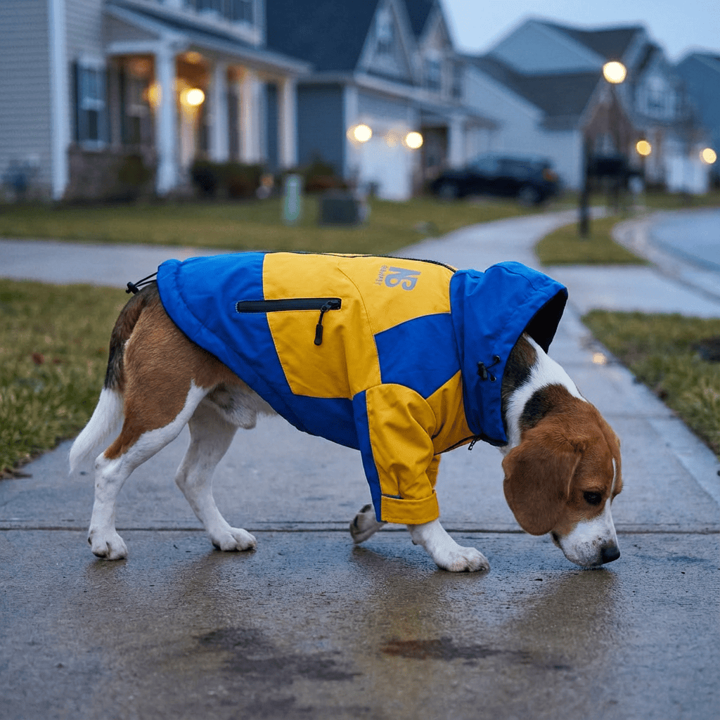 StormGuard Dog Jacket for dogs, waterproof coat with insulation, features reflective strips for visibility.