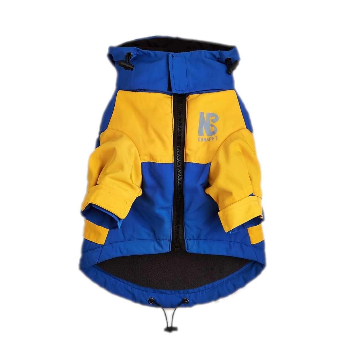 StormGuard Dog Jacket in blue and yellow, waterproof with insulation, perfect for keeping dogs warm and dry.