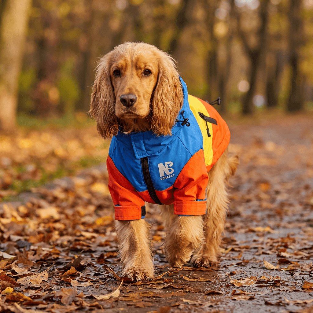 A dog wearing the StormGuard Dog Jacket, featuring waterproof fabric and insulation, perfect for winter walks.