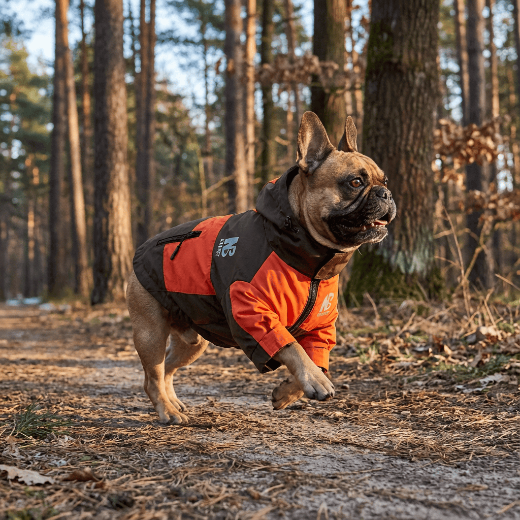 StormGuard Dog Jacket on a dog, featuring waterproof fabric, cozy insulation, and reflective strips for visibility.