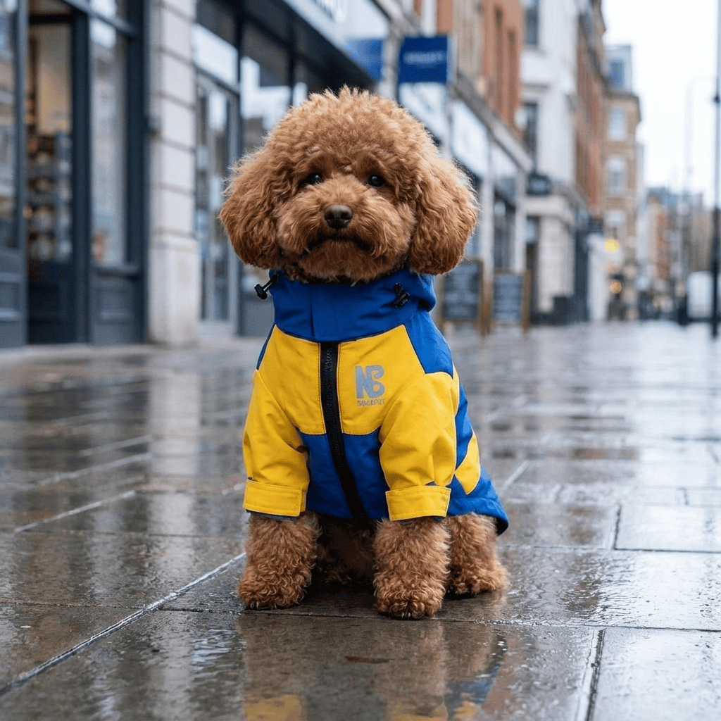 StormGuard Dog Jacket on a stylish dog in a rain-soaked street, featuring waterproof fabric and insulation from Dogs & Cats.