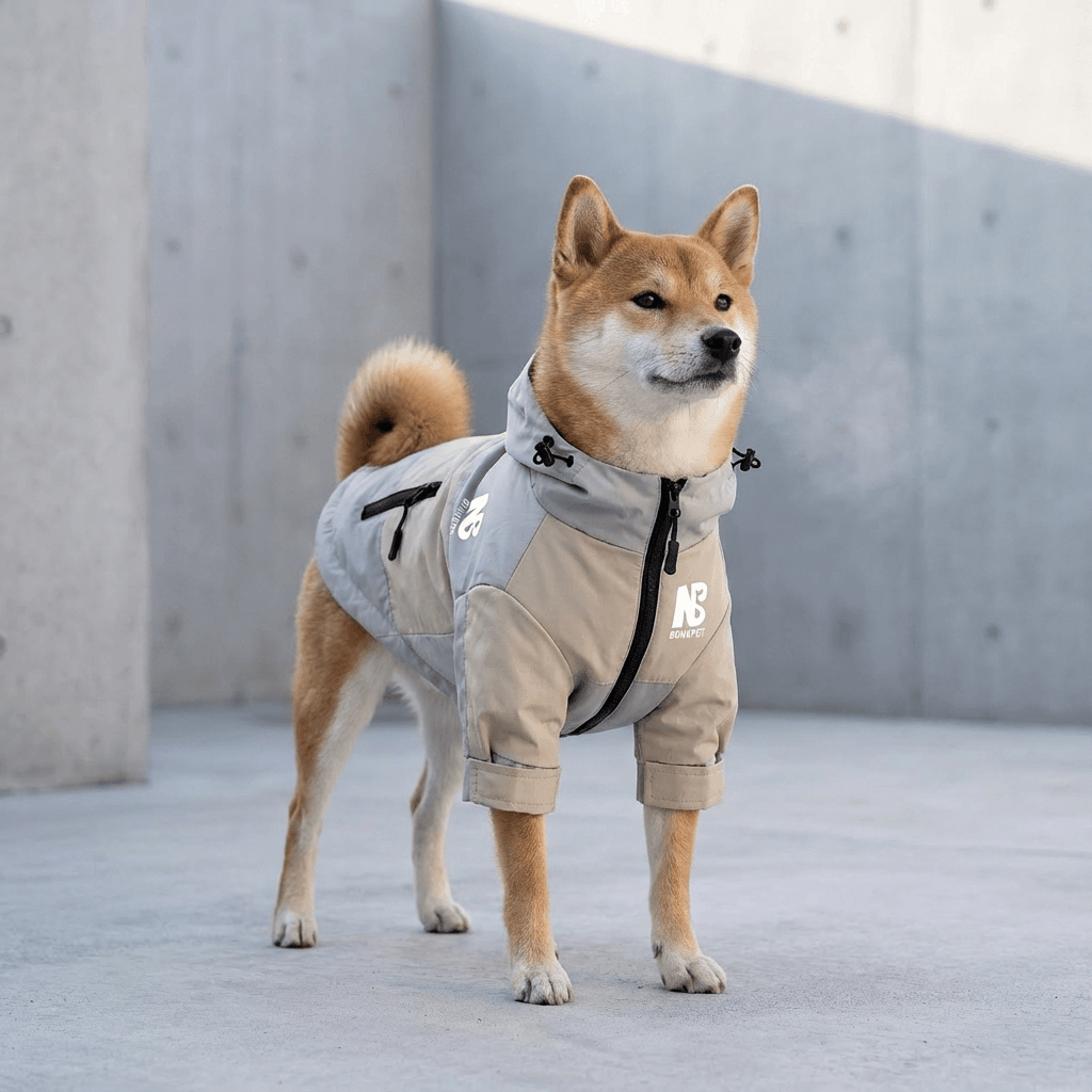 StormGuard Dog Jacket on a Shiba Inu, featuring waterproof fabric and cozy insulation for warmth and dry comfort.