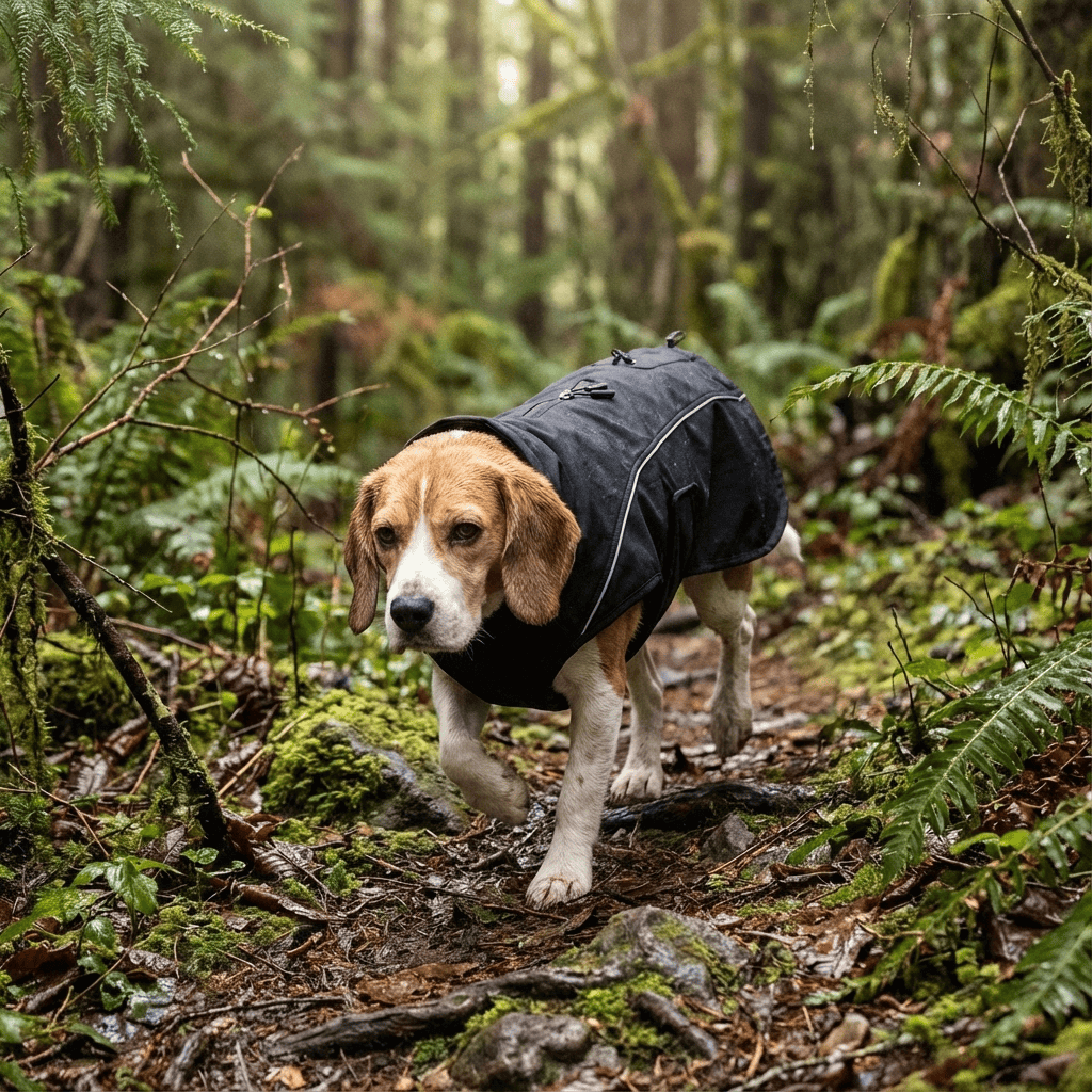 Beagle wearing StormGuard Luxe Dog Coat on a forest trail, showcasing waterproof and stylish features by Dogs & Cats.