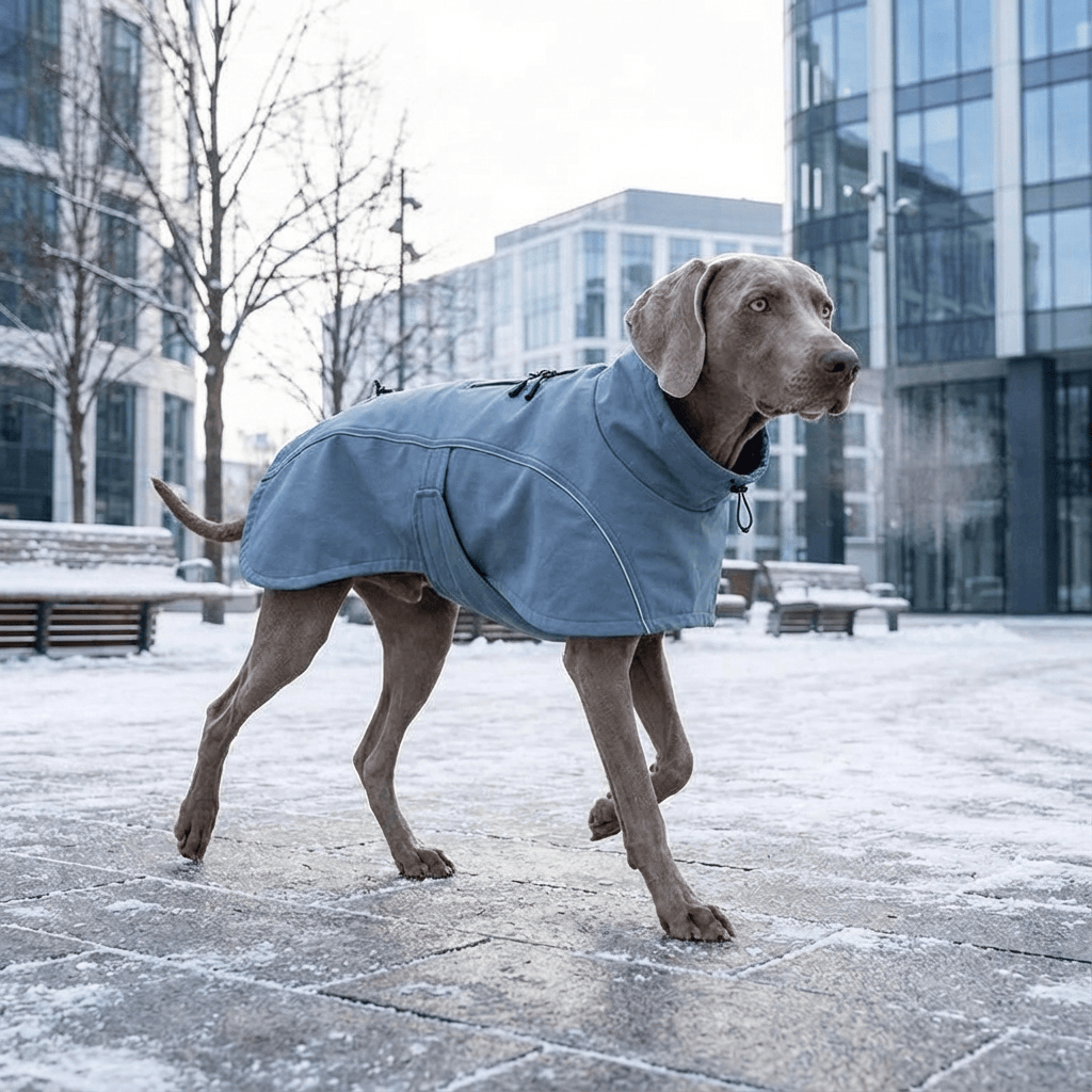 Dog wearing StormGuard Luxe Dog Coat, showcasing waterproof protection and stylish design for outdoor adventures.