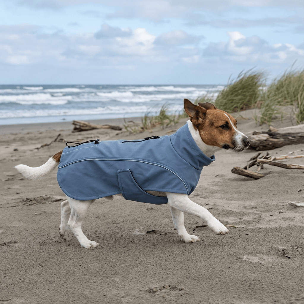 Dog wearing StormGuard Luxe Dog Coat on the beach, showcasing waterproof features and stylish design.