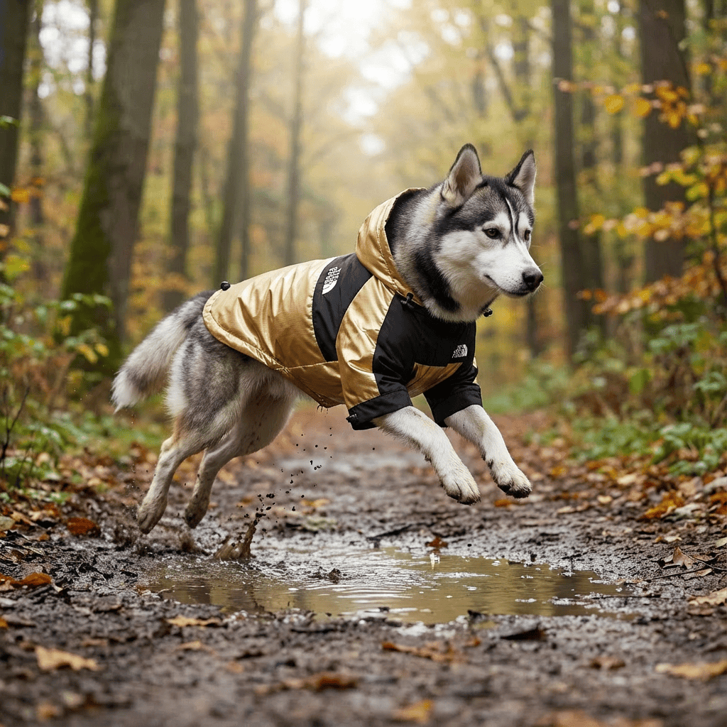 StormGuard Pet Raincoat on a Siberian Husky jumping in a puddle during a fall walk in the woods.