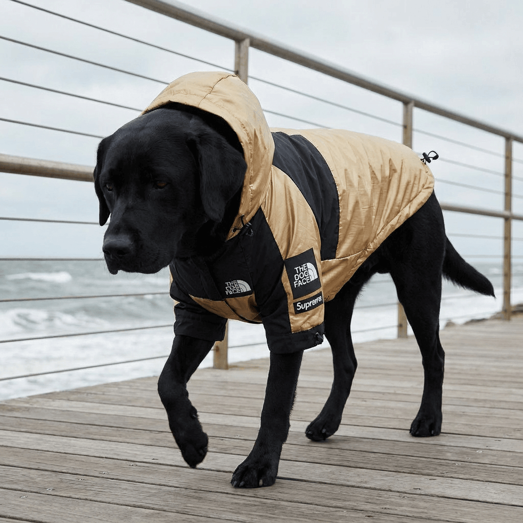 StormGuard Pet Raincoat on a black dog walking on a pier near the sea, offering comfort and protection from wind and rain.