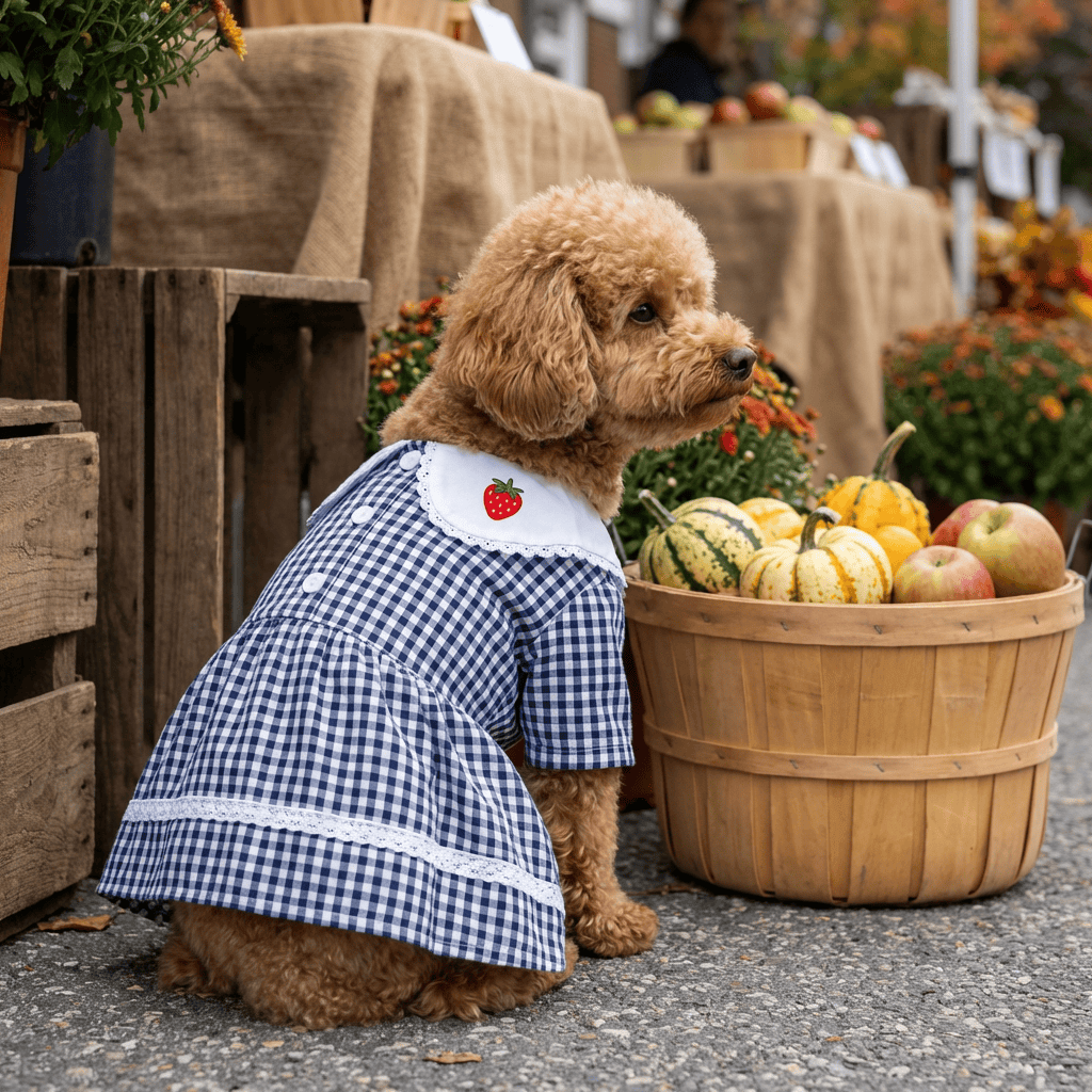 Strawberry Embroidered Dog Dress for dogs, featuring a gingham pattern and strawberry embellishment, perfect for any occasion.