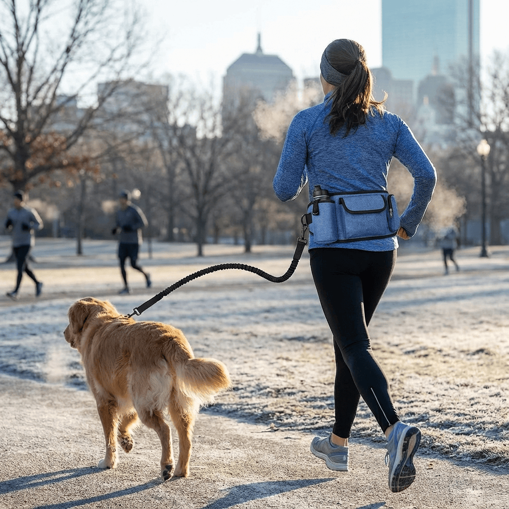 StridePro Hands-Free Dog Leash in use during a jog, showcasing its features for dogs and comfort for active adventures.