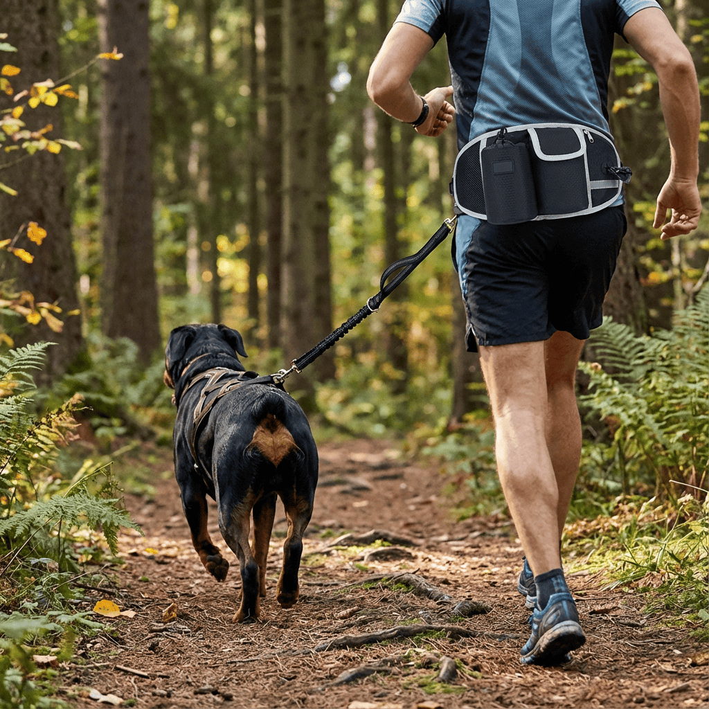 StridePro Hands-Free Dog Leash in use, showcasing freedom of movement and secure storage for dogs and cats.