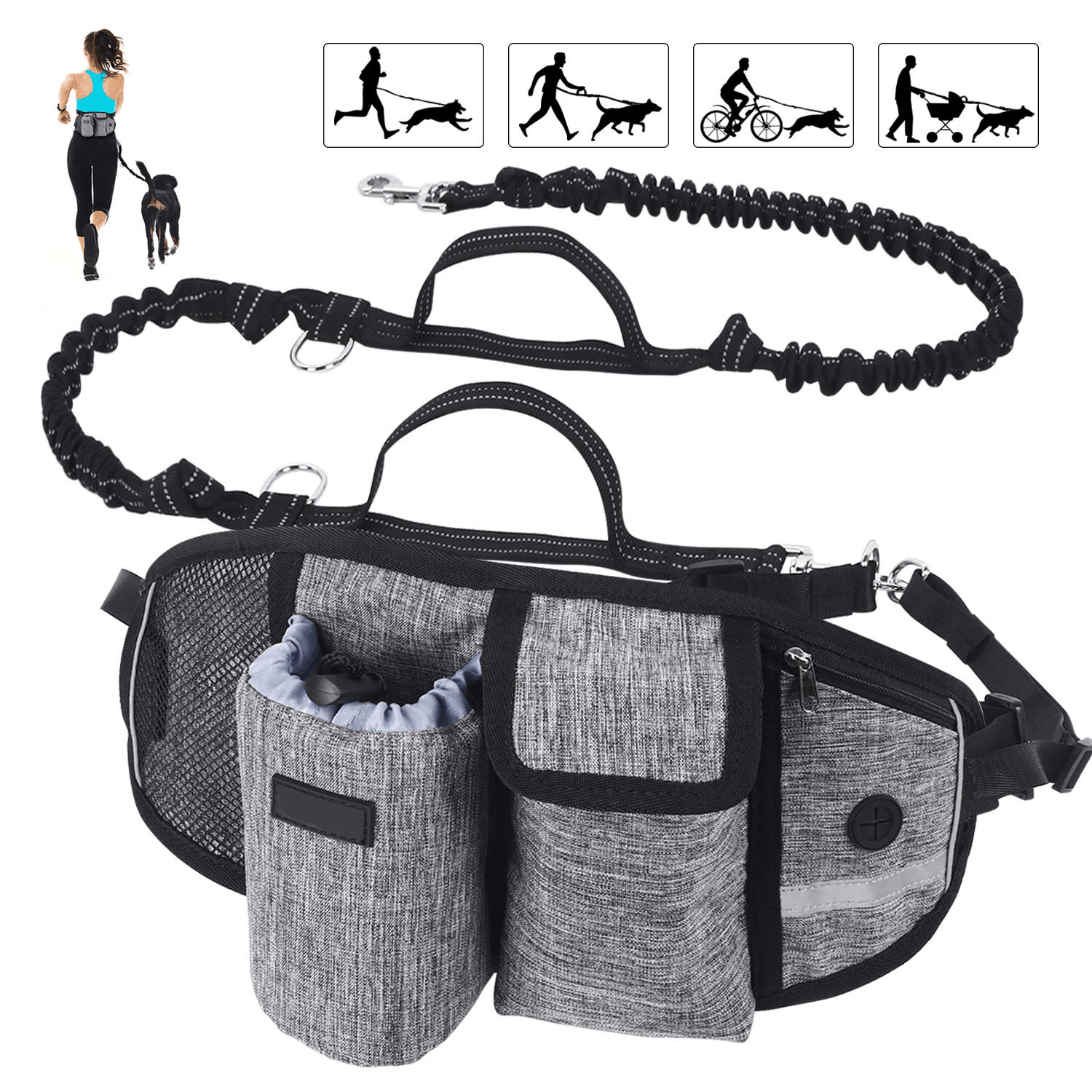 StridePro Hands-Free Dog Leash with storage pockets, bungee design for dogs and cats, ideal for active adventures.