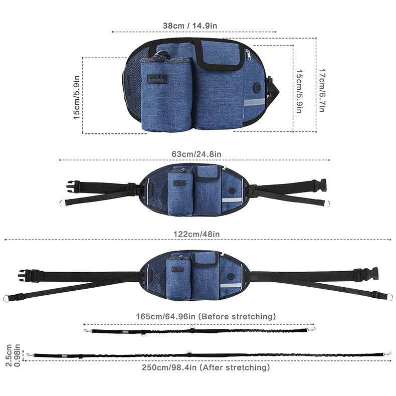 StridePro Hands-Free Dog Leash features a storage pouch, adjustable straps, and dimensions for active dog adventures.