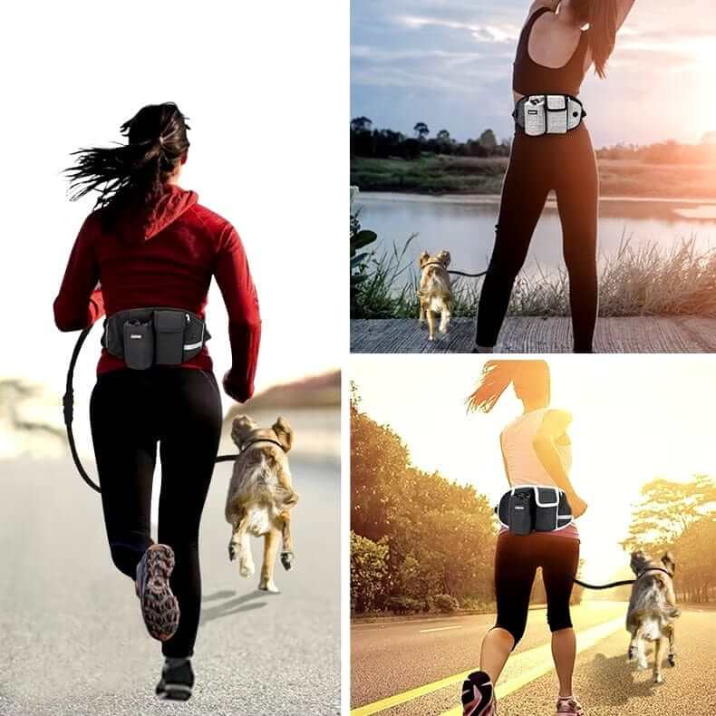 Woman using StridePro Hands-Free Dog Leash while jogging with her dog, showcasing freedom and comfort.