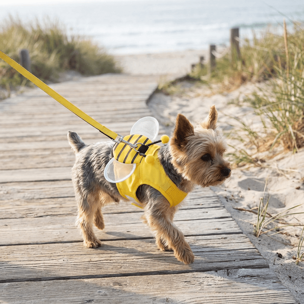 Striped Bee Dog Harness With Leash on a small dog walking on the beach, featuring soft padding and a comfortable design.
