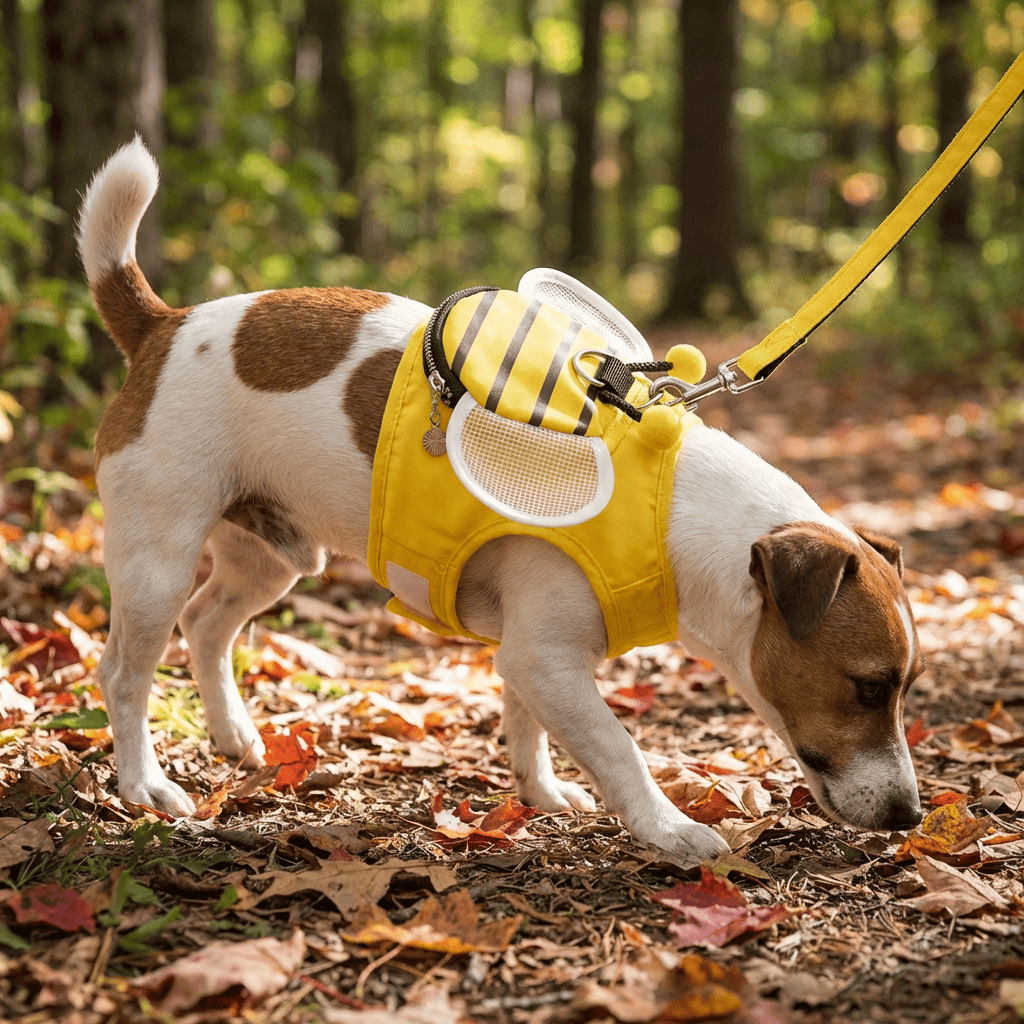 Striped Bee Dog Harness With Leash on a dog, features padded mesh for comfort, ideal for dogs and cats.