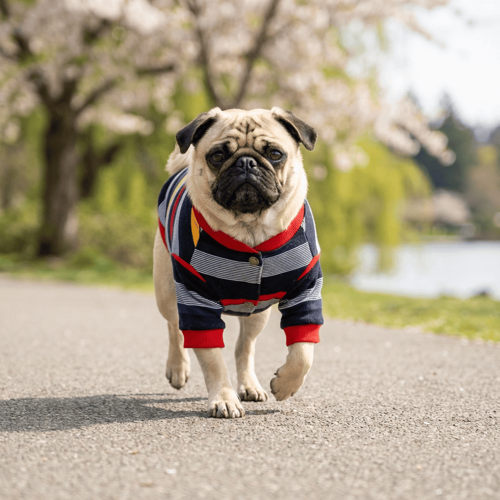 Pug wearing Striped Button Up Dog Sweater with buttons, short sleeves, and colorful stripes. Perfect for Dogs & Cats.