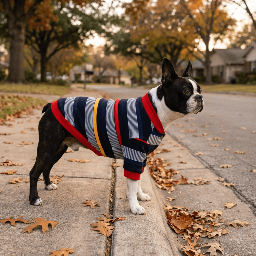Striped Button Up Dog Sweater on a Boston Terrier, showcasing its cozy features and colorful stripes.