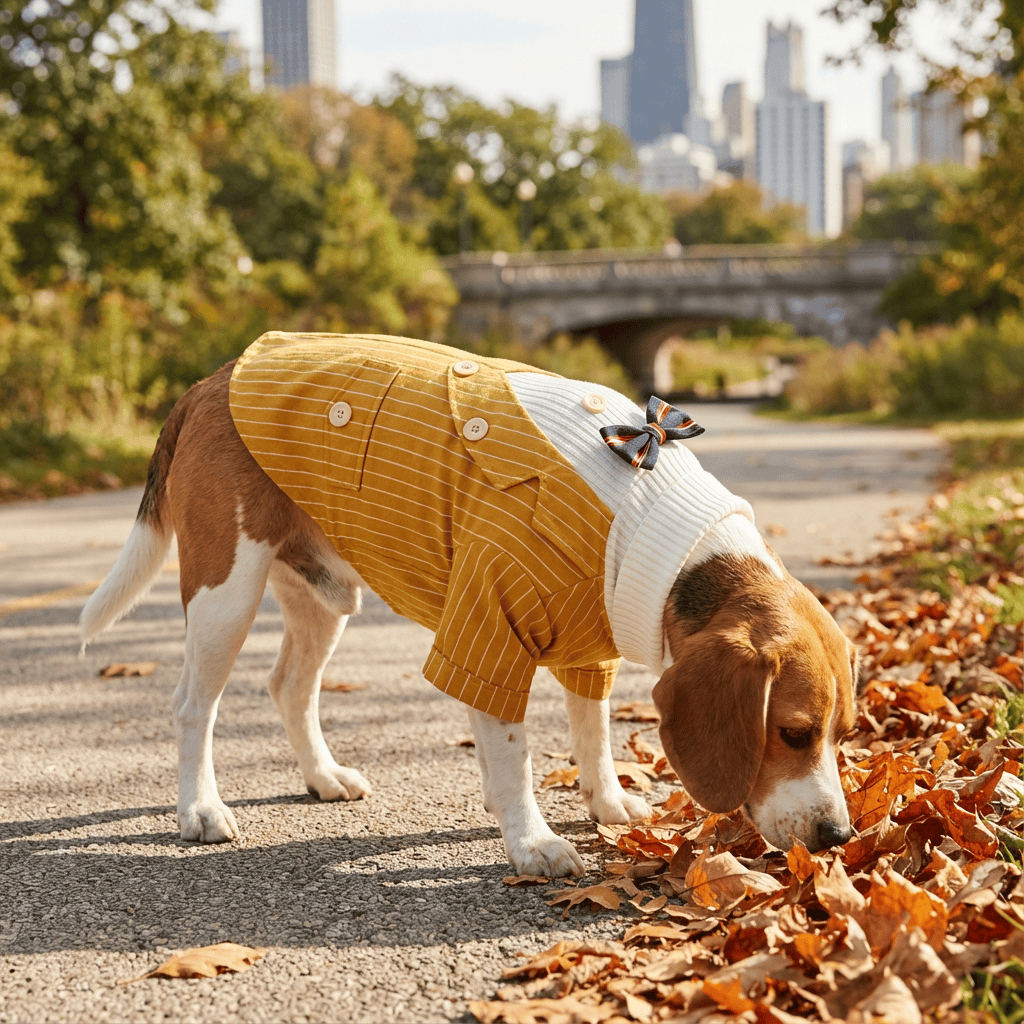 Striped Cotton Autumn And Winter Dog Top on a Beagle enjoying fall leaves in a park setting, featuring cute stripes.