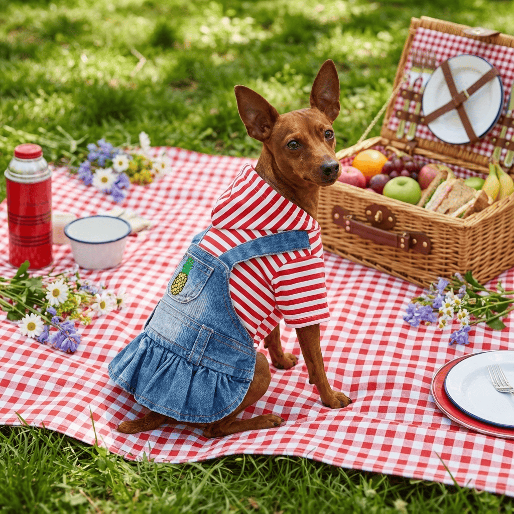 Striped Embroidered Denim Dog Skirt on a dog outdoors, featuring breathable fabric, belt loops, and a pocket by Dogs & Cats.