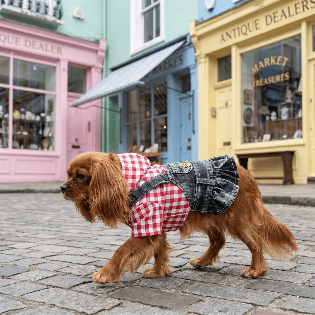 Striped Embroidered Denim Dog Skirt on a dog walking in a vibrant street, featuring breathable fabric and a stylish design.