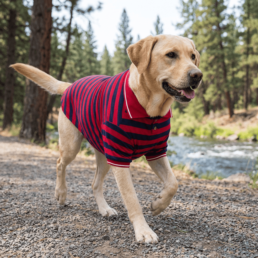 Striped Polo Shirt for dogs, featuring a collared design and easy fastener, perfect for summer outings by Dogs & Cats.