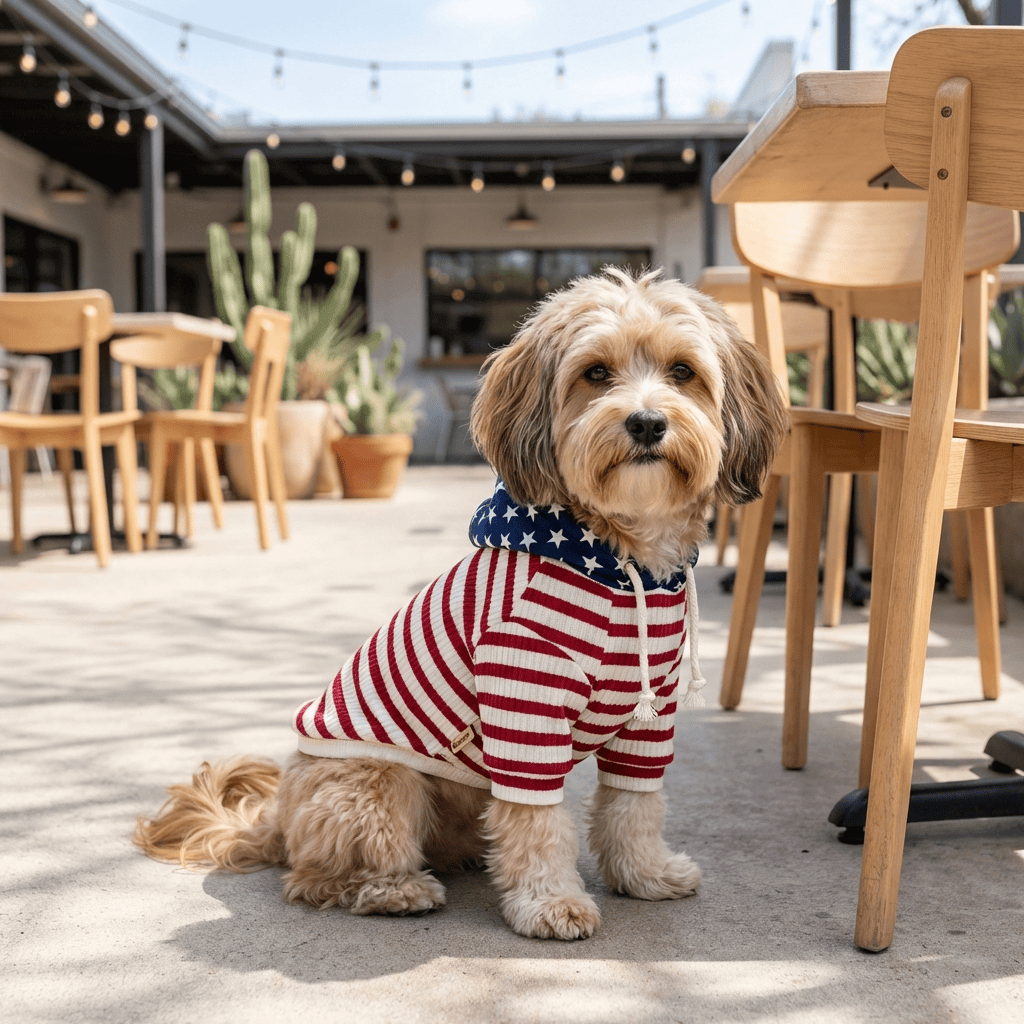 Striped Small Dog Sweater, dog in striped hoodie, breathable cotton, features round neckline, Dogs & Cats brand.