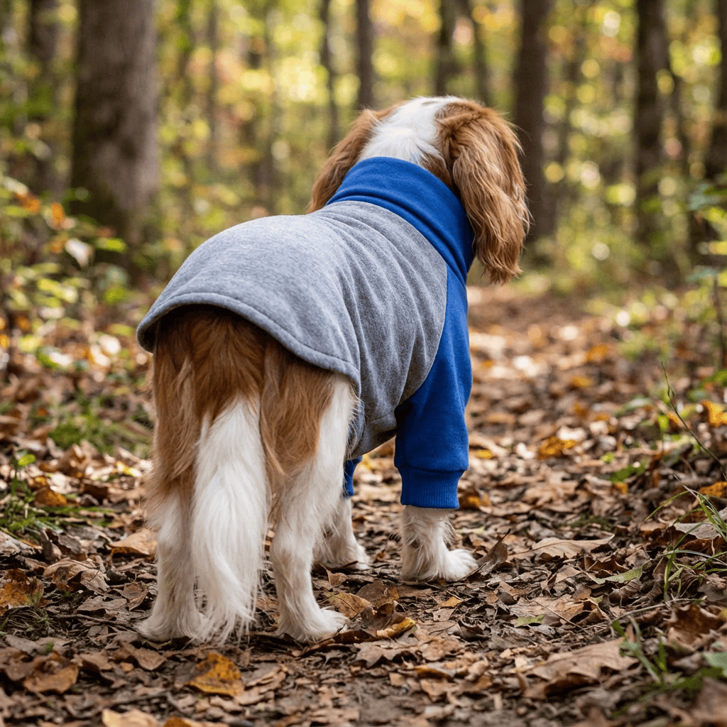 Cute dog wearing a Striped Turtleneck Pullover Sweatshirt, perfect for winter walks. Dogs & Cats brand, cotton material.