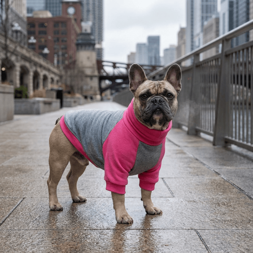 Striped Turtleneck Pullover Sweatshirt worn by a French Bulldog in a stylish urban setting.