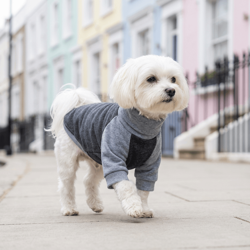 Striped Turtleneck Pullover Sweatshirt on a stylish dog walking outdoors, ideal for warmth and comfort.